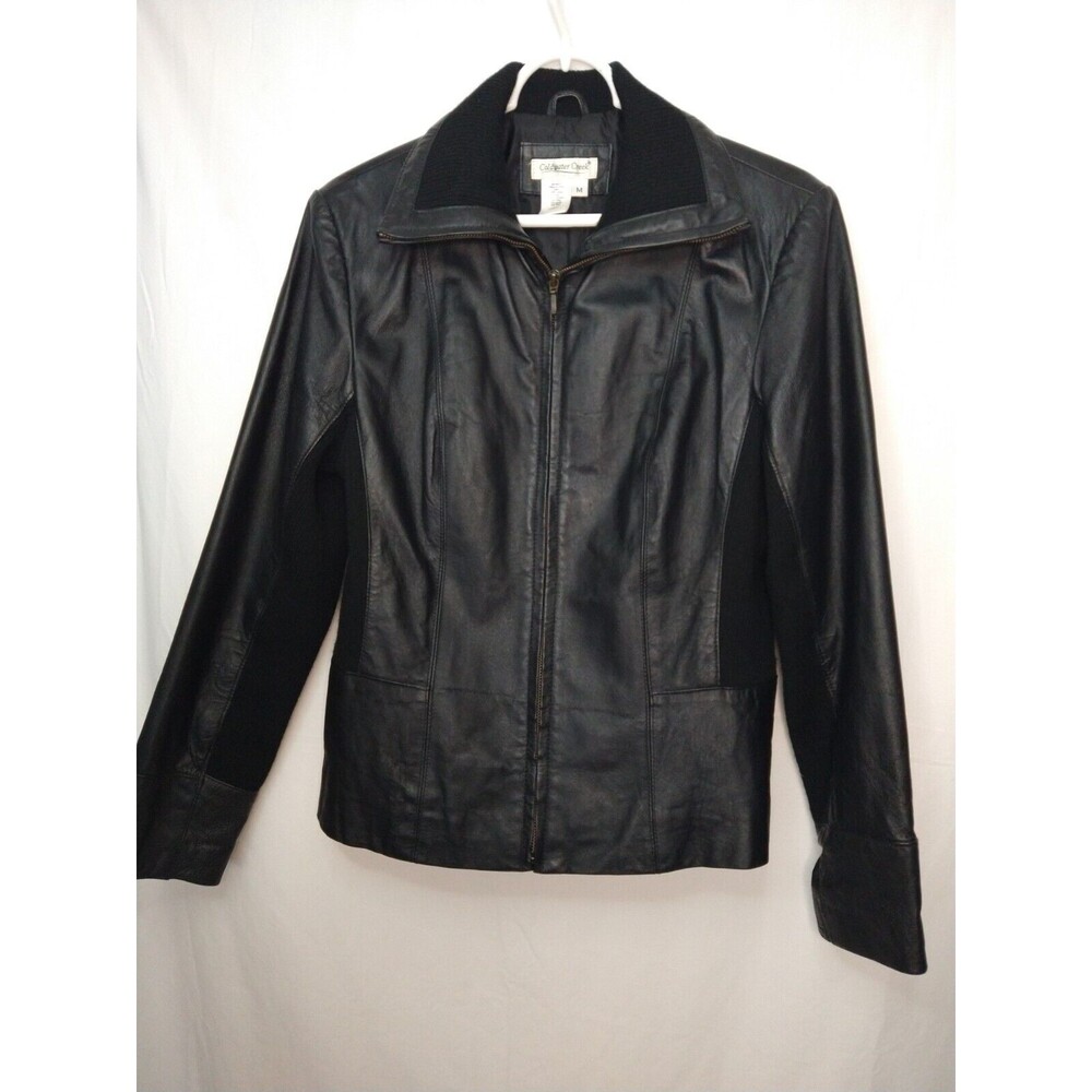 Coldwater Creek Black Leather with Wool Blend Knit Trim Jacket Size M No Pockets